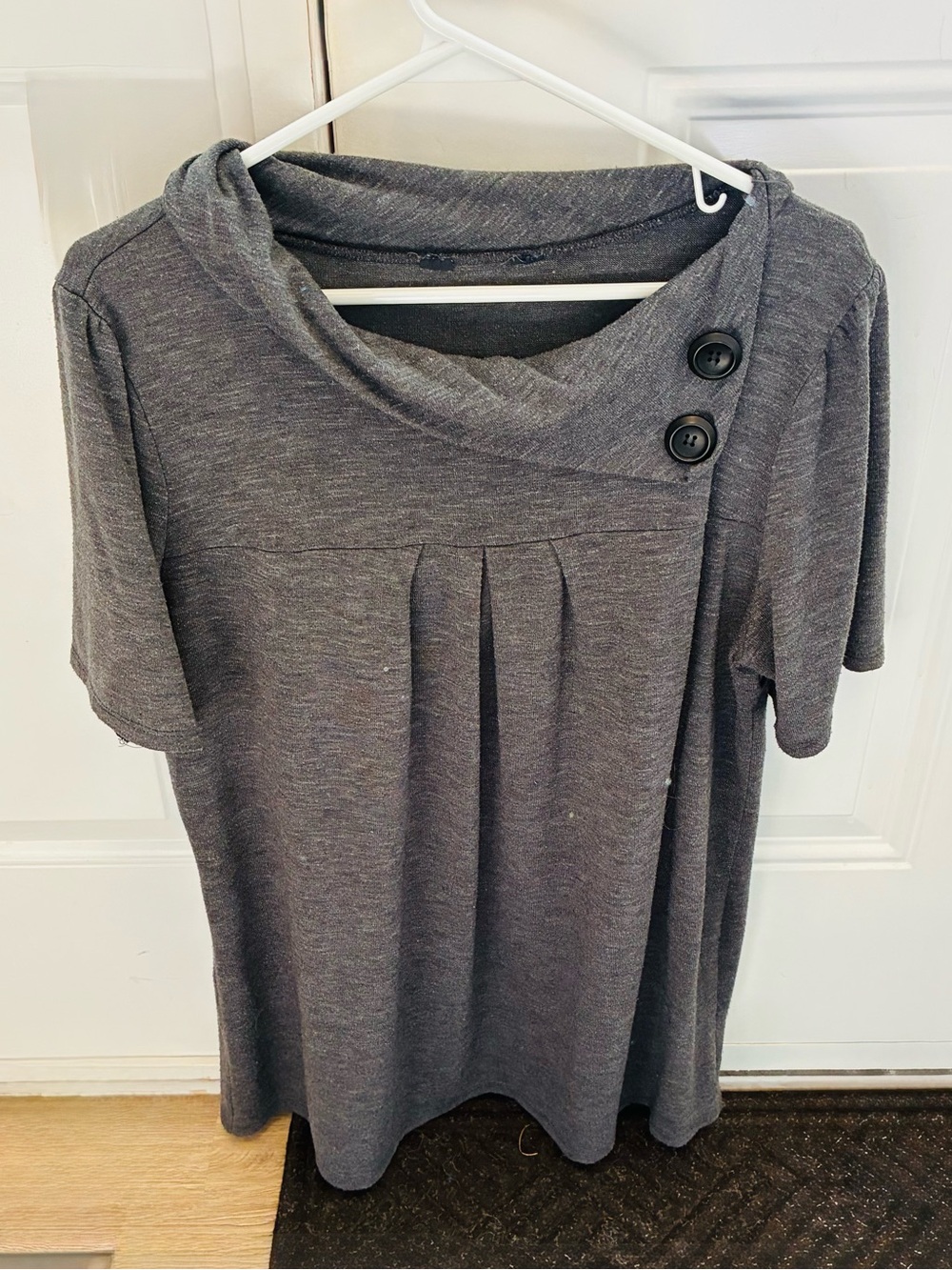 Women's Gray Short-Sleeve Cowl Neck Top with Button Detail